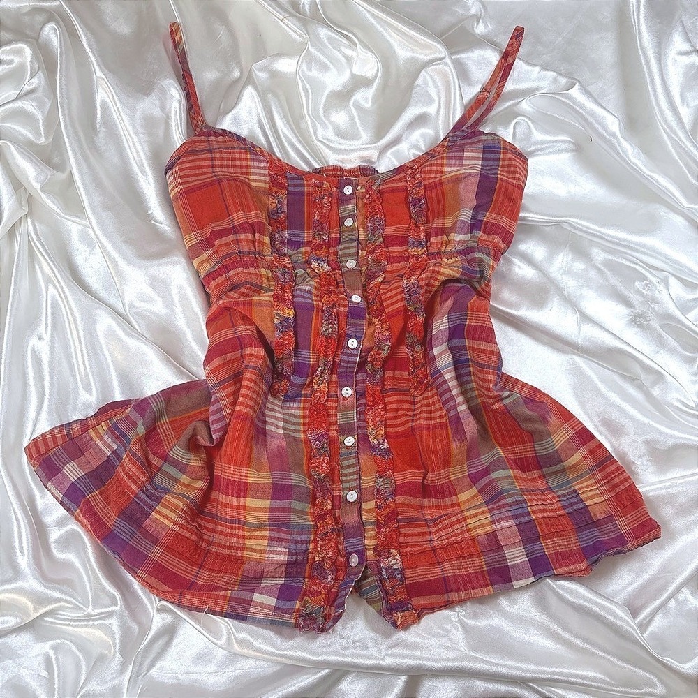 y2k Cami Top Red Excellent Aeropostale Plaid Ruffle Button Front Peplum L